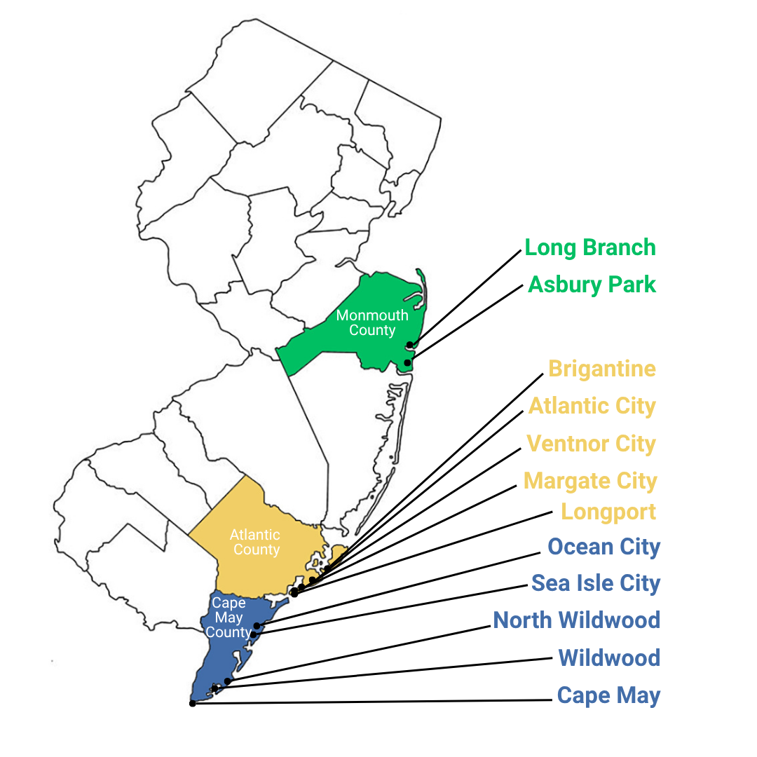 Monmouth Count: Long Branch, Asbury Park  Atlantic County: Brigantine, Atlantic City, Ventnor City, Margate City, Longport  Cape Map County: Ocean City, Sea Isle City, North Wildwood, Wildwood, Cape May